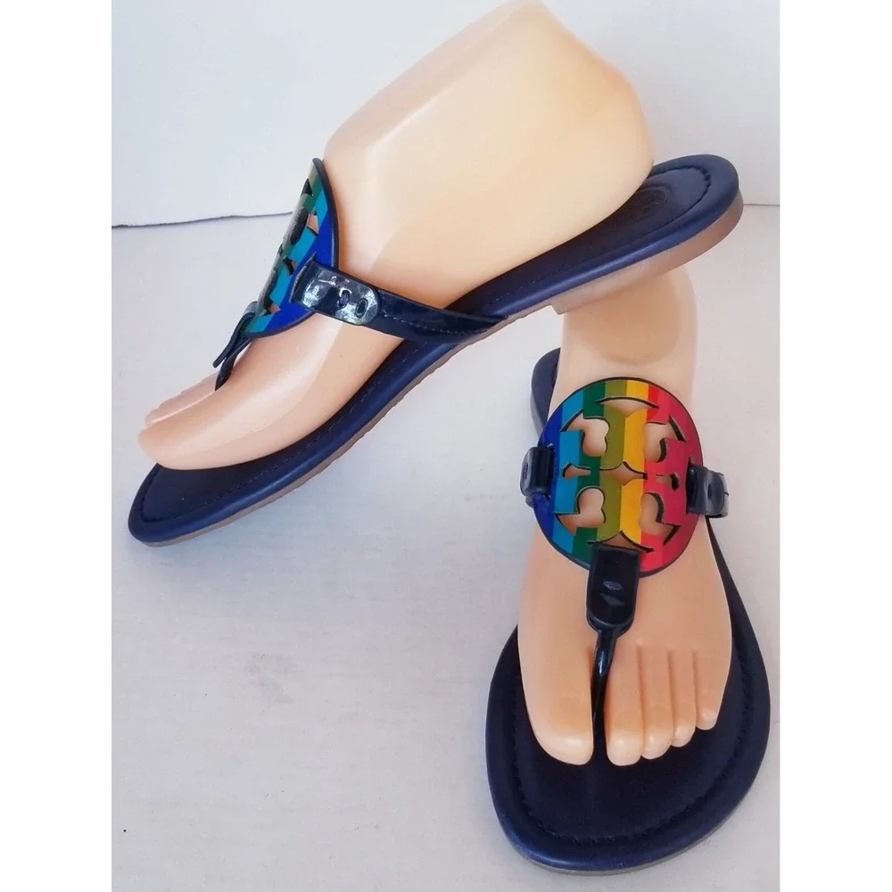 TORY BURCH Rainbow Leather BIG Medalion Slides/Thongs/Flat Sandals Sz 8.5M